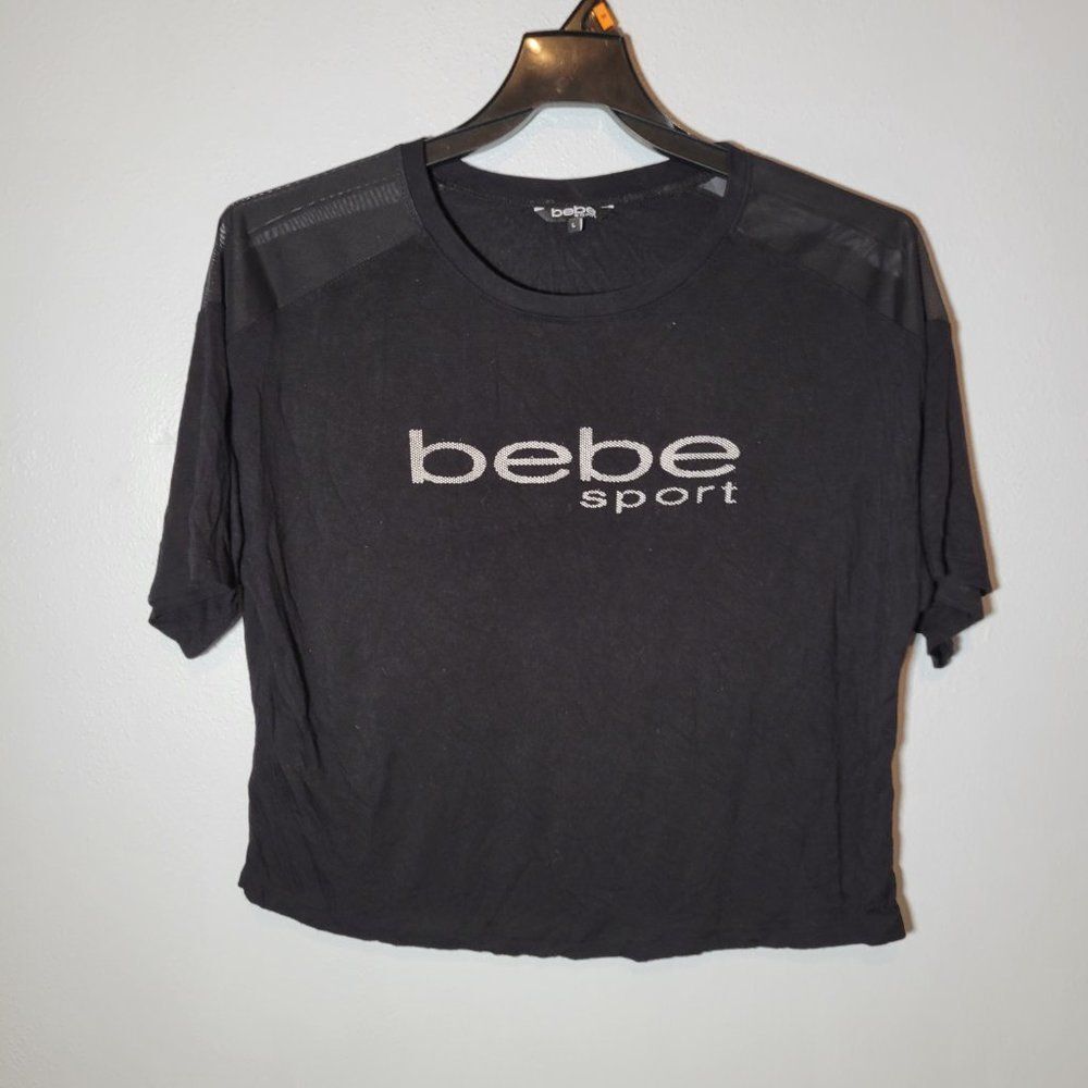 Bebe Sport Womens Top Black Size L Short Length Mesh at Shoulders See Last Pic